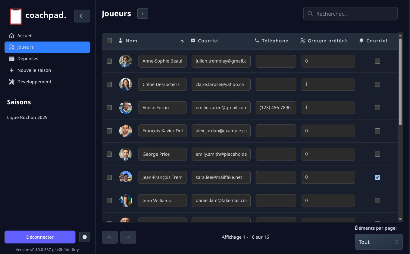 Screenshot of Coachpad player management interface showing searchable table with player profiles and statistics