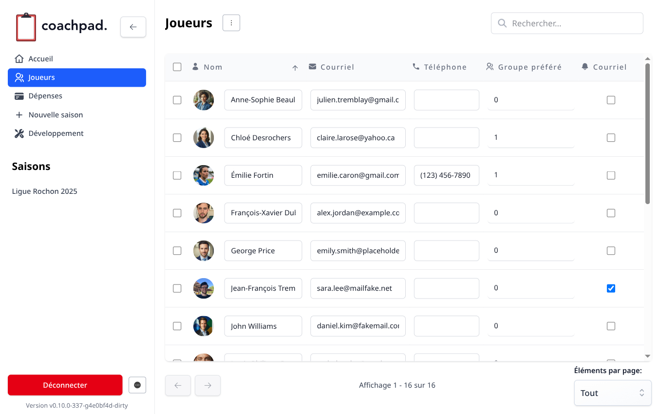 Screenshot of Coachpad player management interface showing searchable table with player profiles and statistics