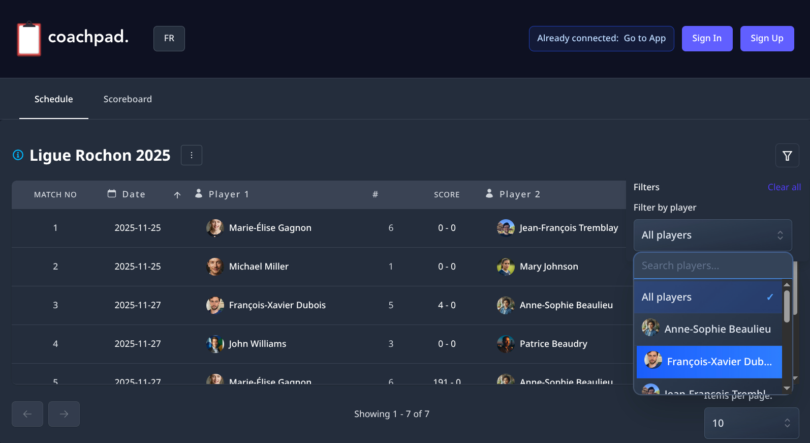 Public schedule interface showing match schedule with player names and dates - accessible without login