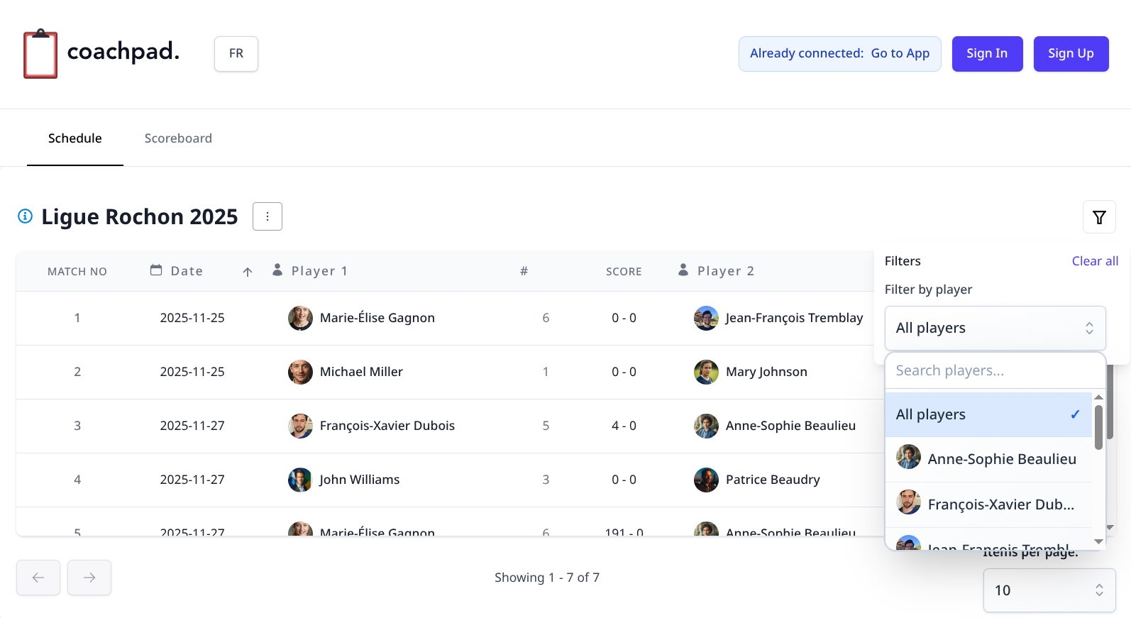 Public schedule interface showing match schedule with player names and dates - accessible without login