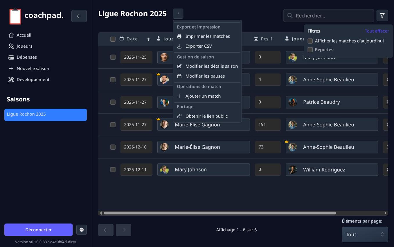 Screenshot of Coachpad season overview displaying comprehensive matches table with filters and team scheduling