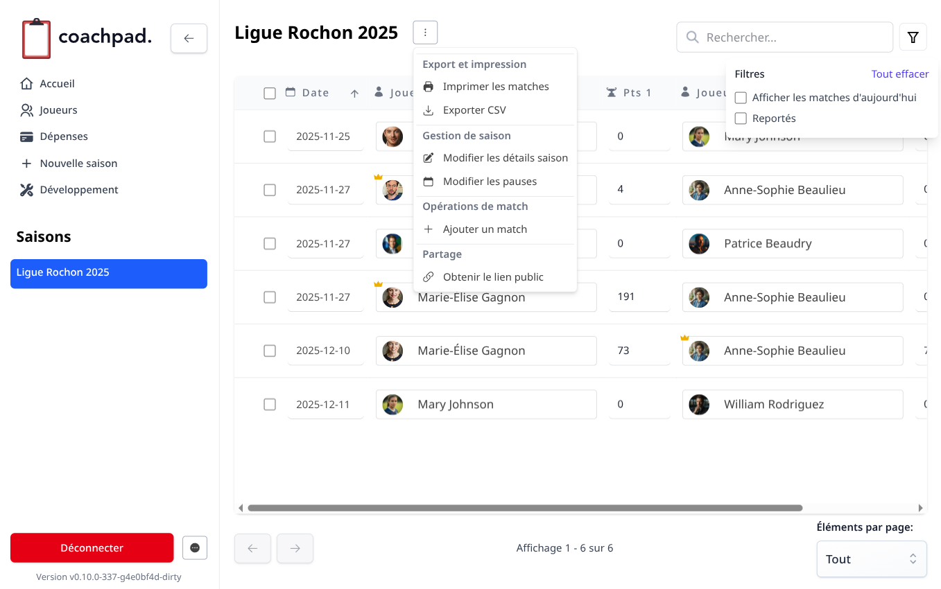Screenshot of Coachpad season overview displaying comprehensive matches table with filters and team scheduling